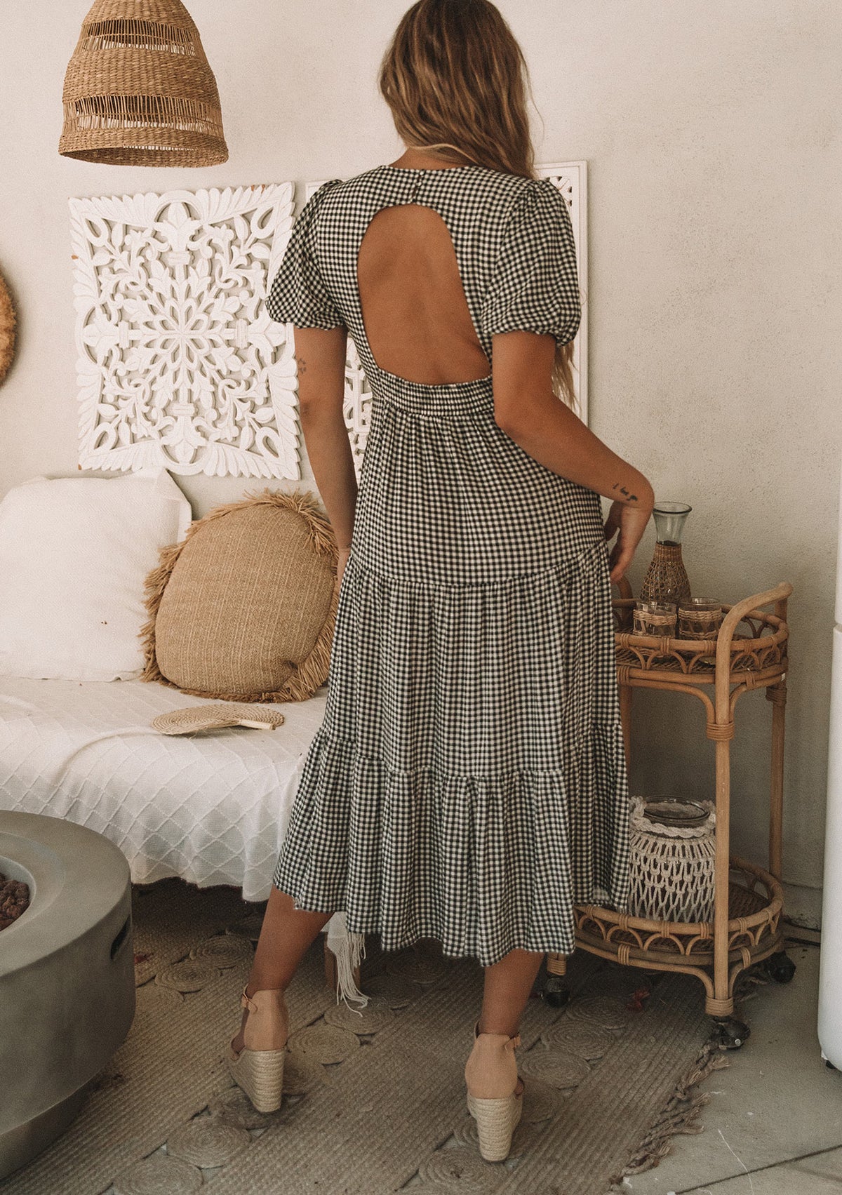 Lexi Gingham Midi Dress Tan/Natural / S Lexi Gingham Midi Dress Tan/Natural / S