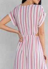 [Color: Natural/Pink] A model wearing a pink yarn dye stripe resort maxi dress with side waist cutouts and short kimono sleeves. 