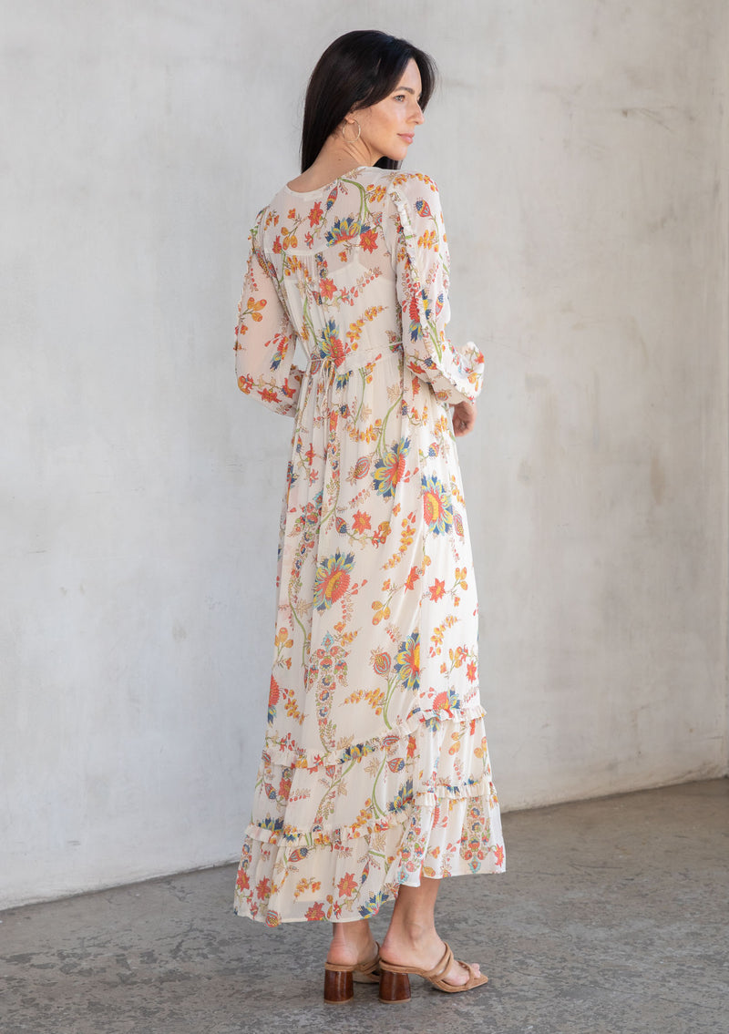 bohemia chiffon long floral print dress Lady Chiffon Floral Dress Printed 3/4 Flare Sleeve Bohemia Beach Holiday Fashion