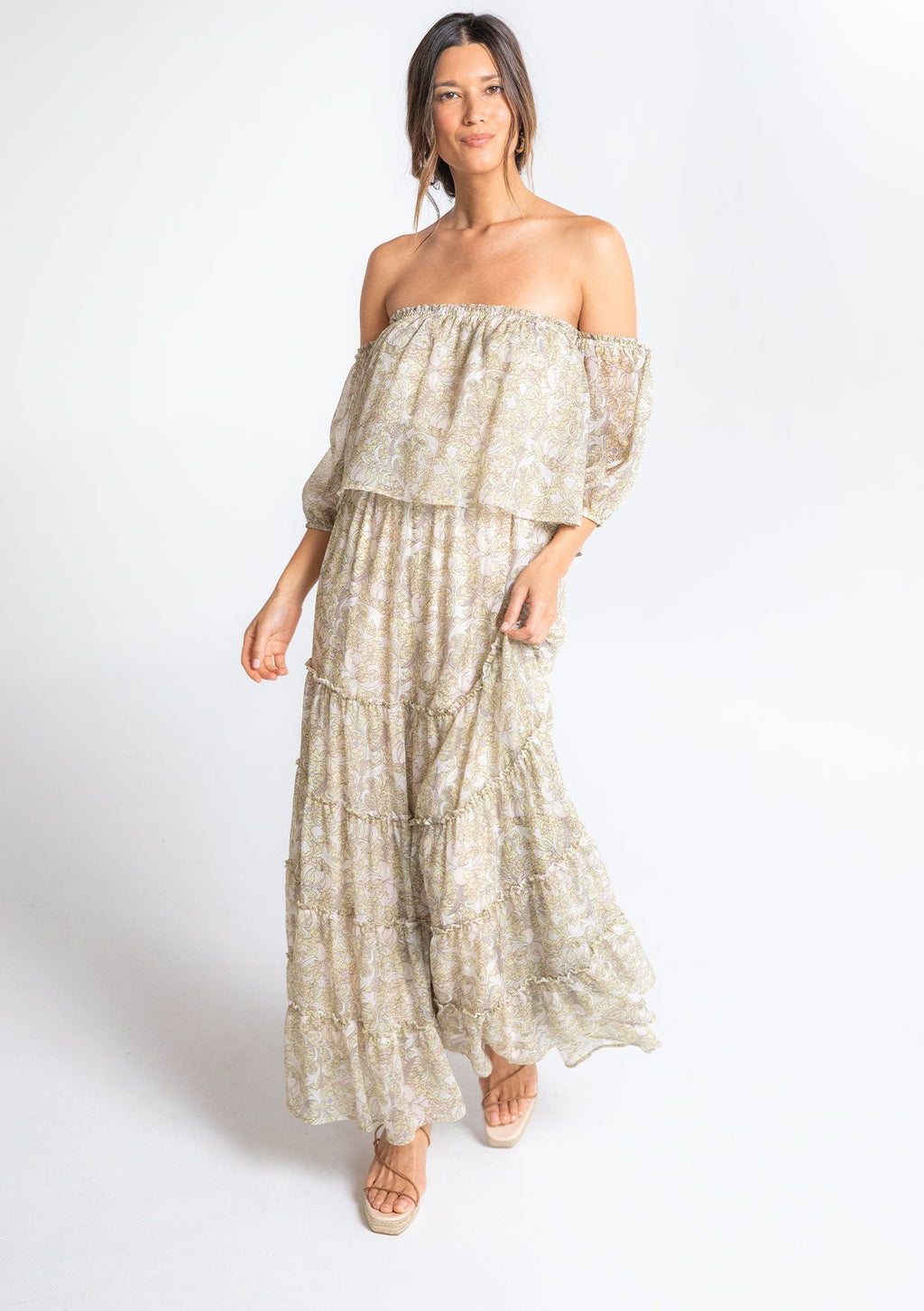 Buy All-Over Print Tiered Off Shoulder Maxi Dress with Pockets