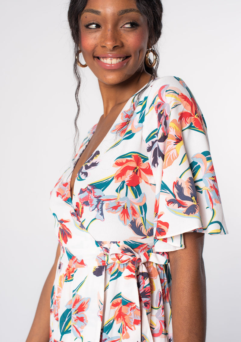 White Floral Mini Wrap Dress Flattering Flutter Sleeves LOVESTITCH