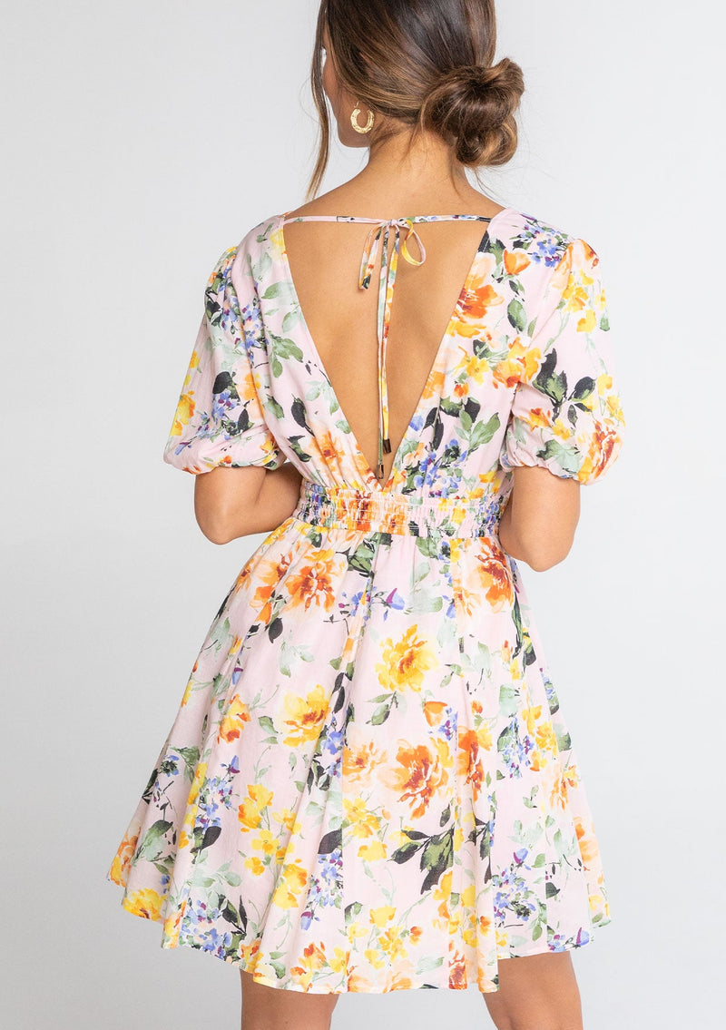 floral print puff sleeve mini dress Rosey Floral Print Puff Sleeve, Twist V-Neck Front Cut Out Mini Dress ocsocialbutterfly.com