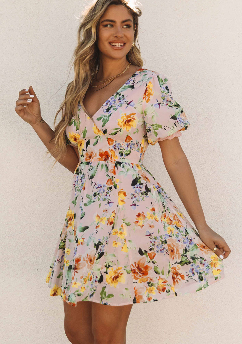 Women's Pink Floral Print Puff Sleeve Mini Dress LOVESTITCH