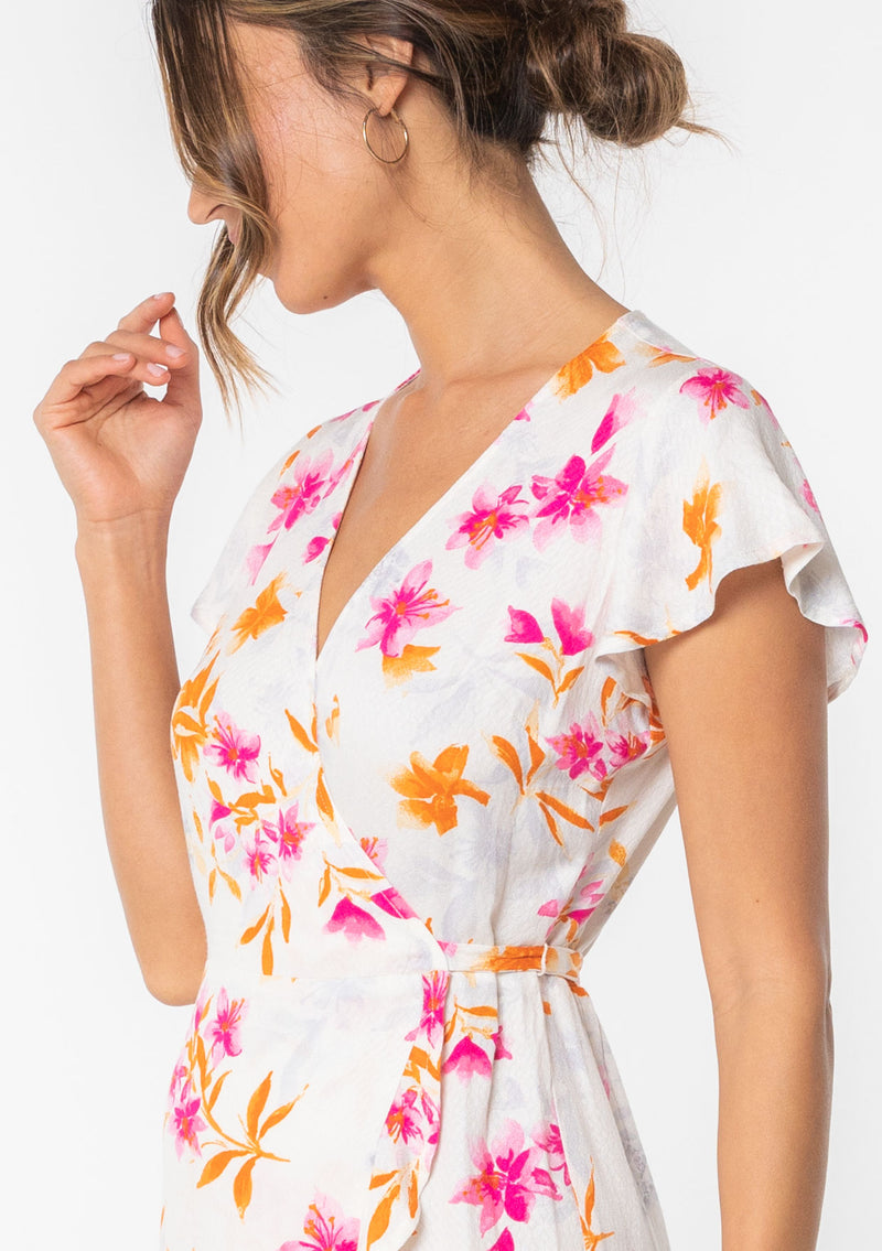 pink and white wrap dress The Coastal Poplin Puff-Sleeve Wrap Midi Dress