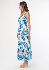 [Color: Cream/Blue] A dreamy blue and white floral print bohemian chiffon maxi dress. 