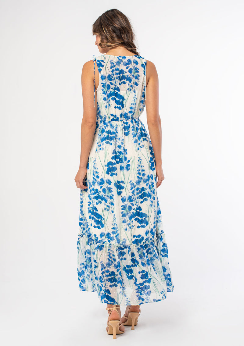 [Color: Cream/Blue] A dreamy blue and white floral print bohemian chiffon maxi dress. 