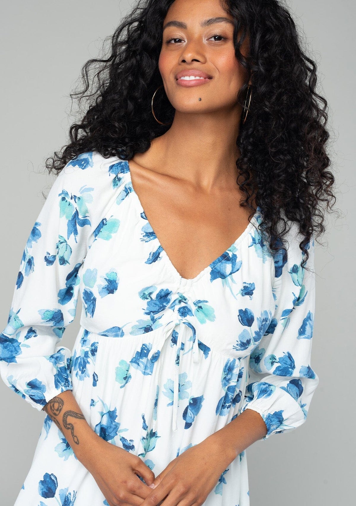 blue and white dress with sleeves Women's Flowy - & Floral Mini Dress pants-size-52w Ives Front Tie Mini V Neck Sleeves Color:Ivory/Gold