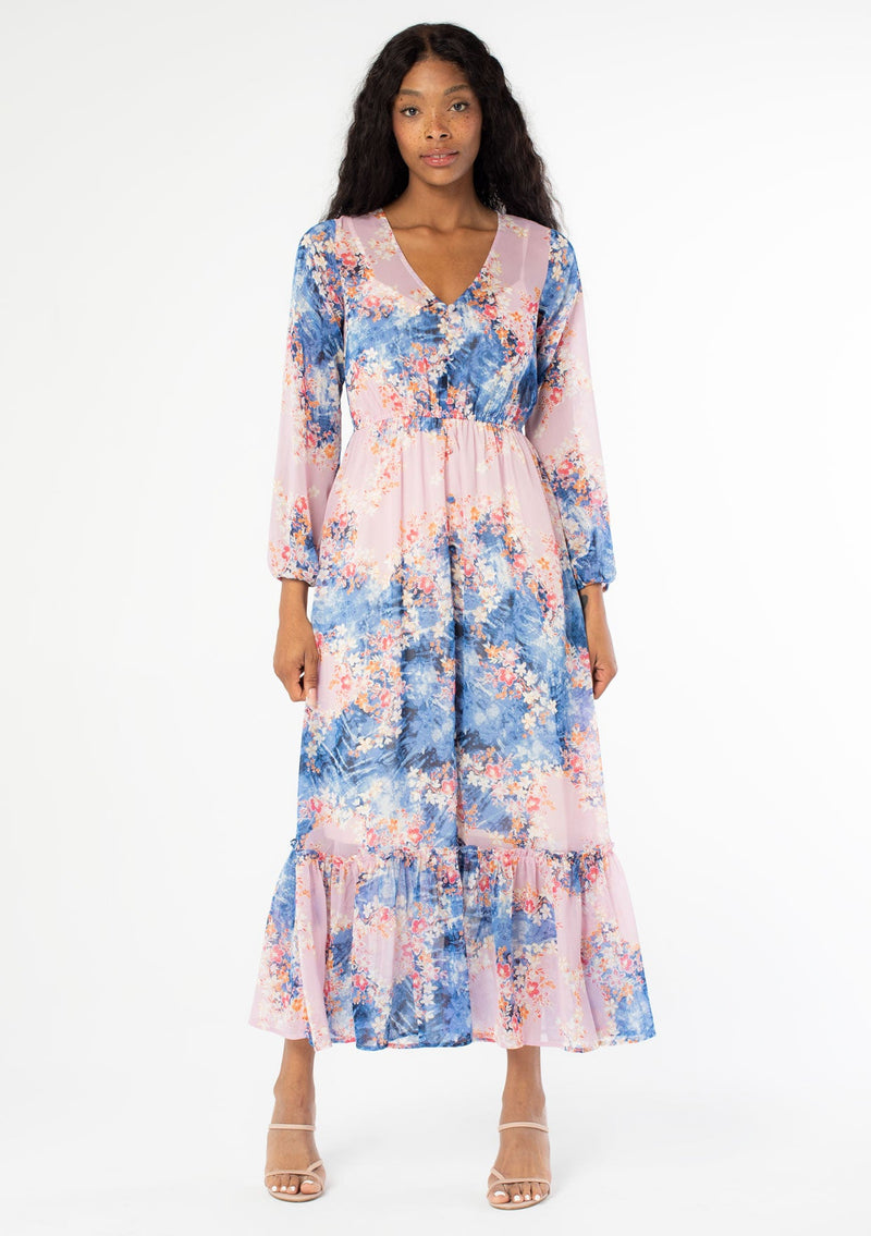 Women\'s Dress - Purple & Blue Floral Print Chiffon Dress | LOVESTITCH