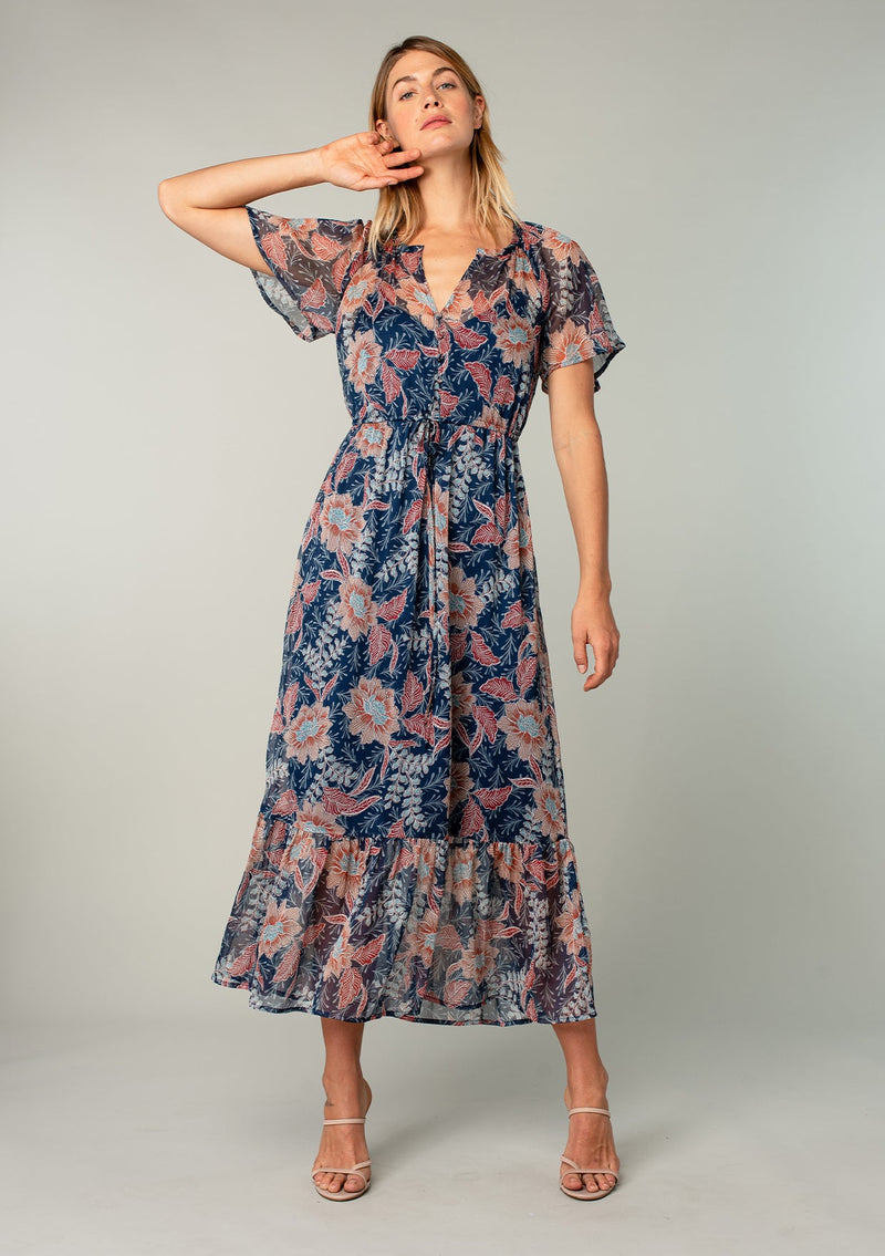 Women's Dress Navy Blue Floral Chiffon Maxi Dress LOVESTITCH