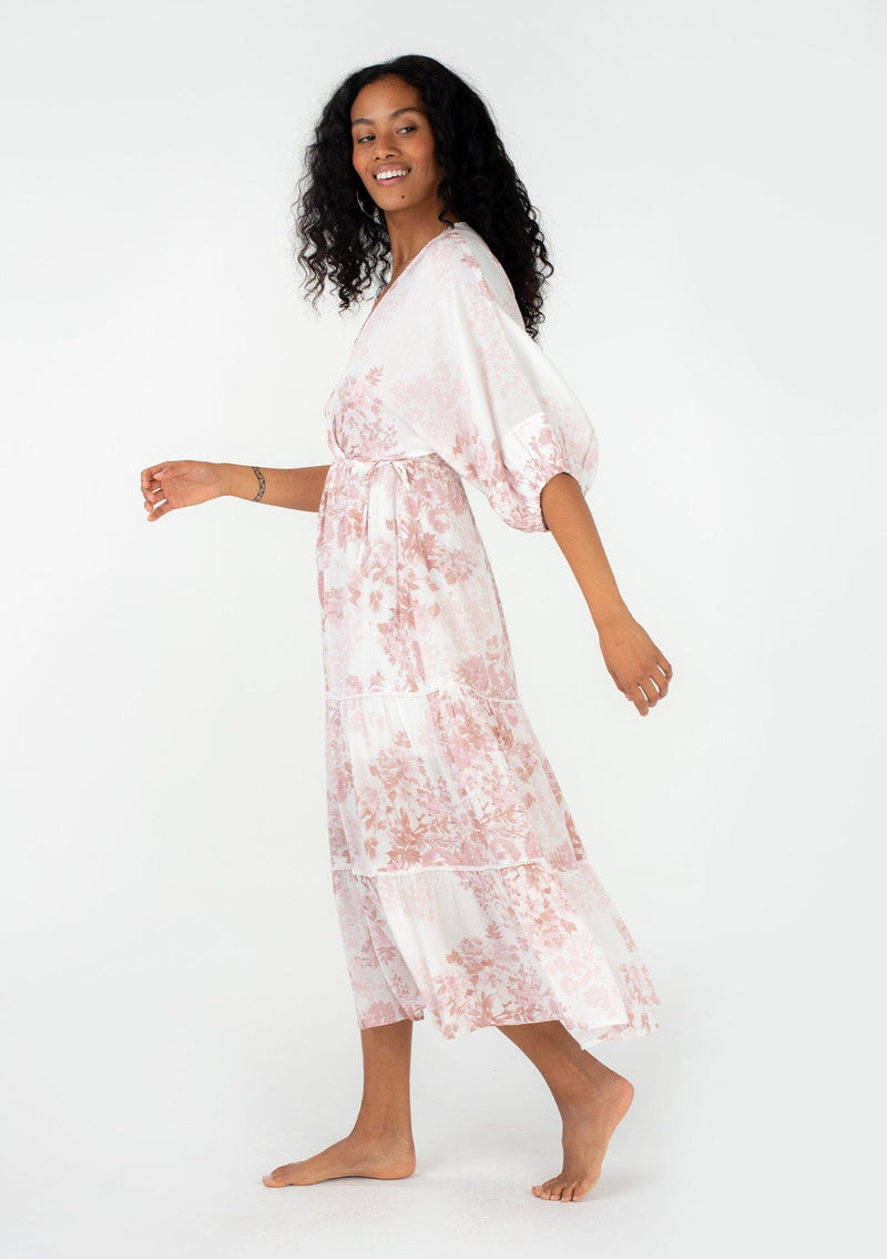 Women's Ivory & Pink Floral Boho Puff Sleeve Maxi Dress - LOVESTITCH Women's Ivory & Pink Floral Boho Puff Sleeve Maxi Dress - LOVESTITCH