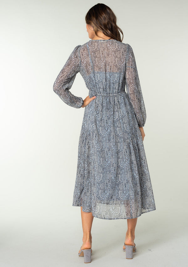 [Color: Grey/Natural] A back facing image of a brunette model wearing a sheer chiffon maxi dress in a grey and natural paisley print. With sheer long sleeves, a drawstring waist with tassel ties, a v neckline, and a paneled tiered flowy skirt. 