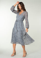 [Color: Grey/Natural] A front facing image of a brunette model wearing a sheer chiffon maxi dress in a grey and natural paisley print. With sheer long sleeves, a drawstring waist with tassel ties, a v neckline, and a paneled tiered flowy skirt. 
