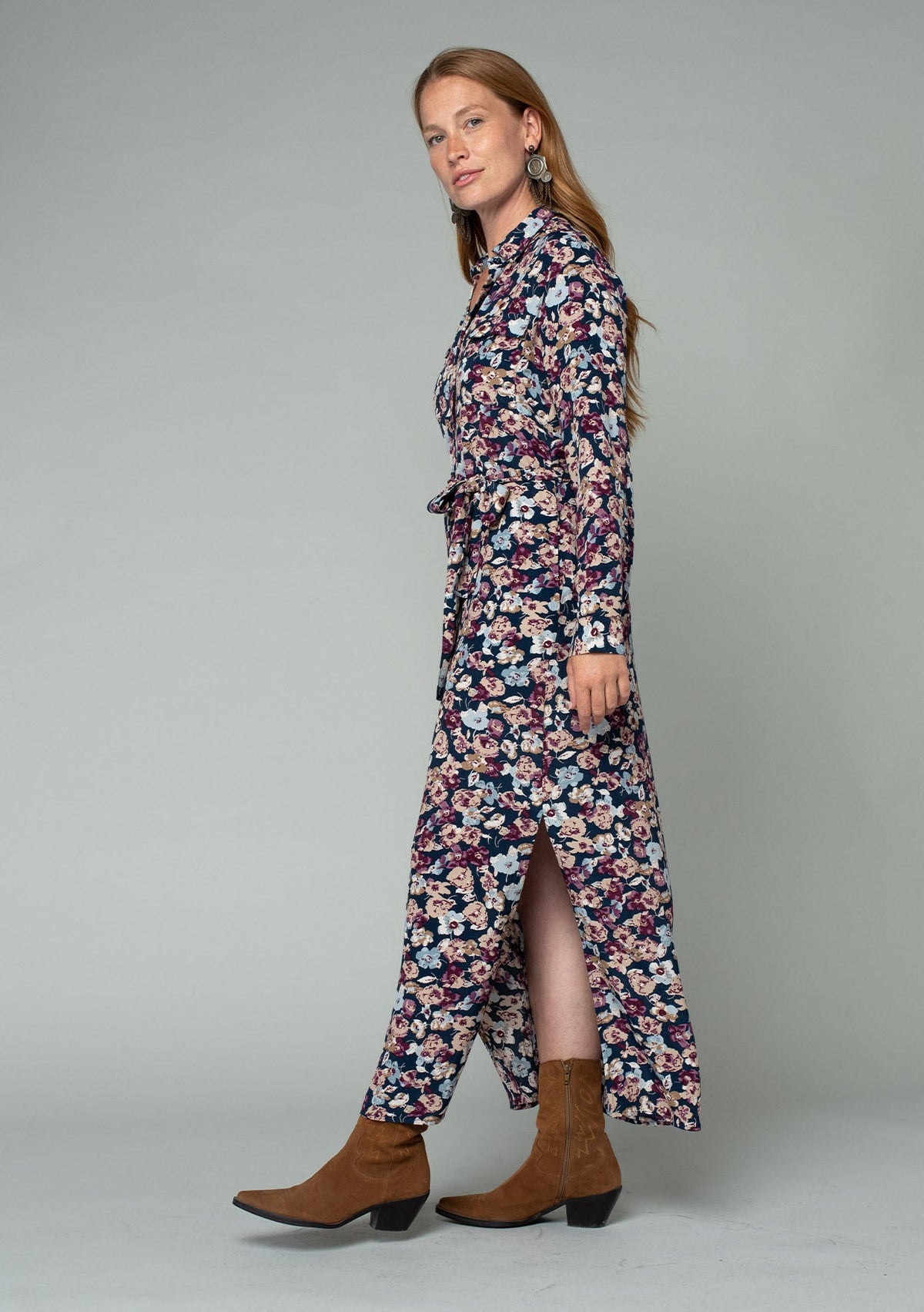 Casual Long Sleeve Purple Floral Belted Maxi Dress | LOVESTITCH