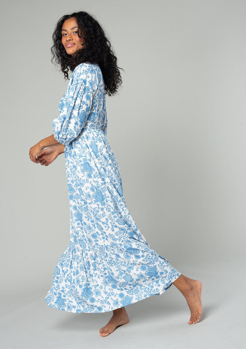 Women's White & Blue Floral Boho Puff Sleeve Maxi Dress - LOVESTITCH Women's White & Blue Floral Boho Puff Sleeve Maxi Dress - LOVESTITCH