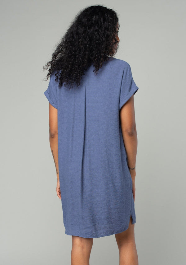 [Color: Dark Denim] A back facing image of a brunette model wearing a loose and relaxed fit blue mini shirt dress. With short cuffed sleeves, a button front, front patch pockets, and side pockets. 
