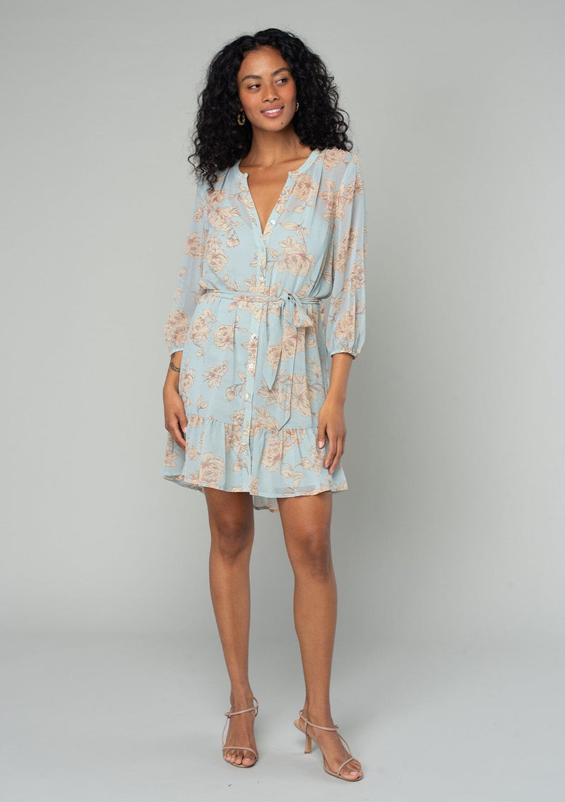 Women's Dusty Blue & Natural Chiffon Floral Mini Dress - LOVESTITCH Women's Dusty Blue & Natural Chiffon Floral Mini Dress - LOVESTITCH