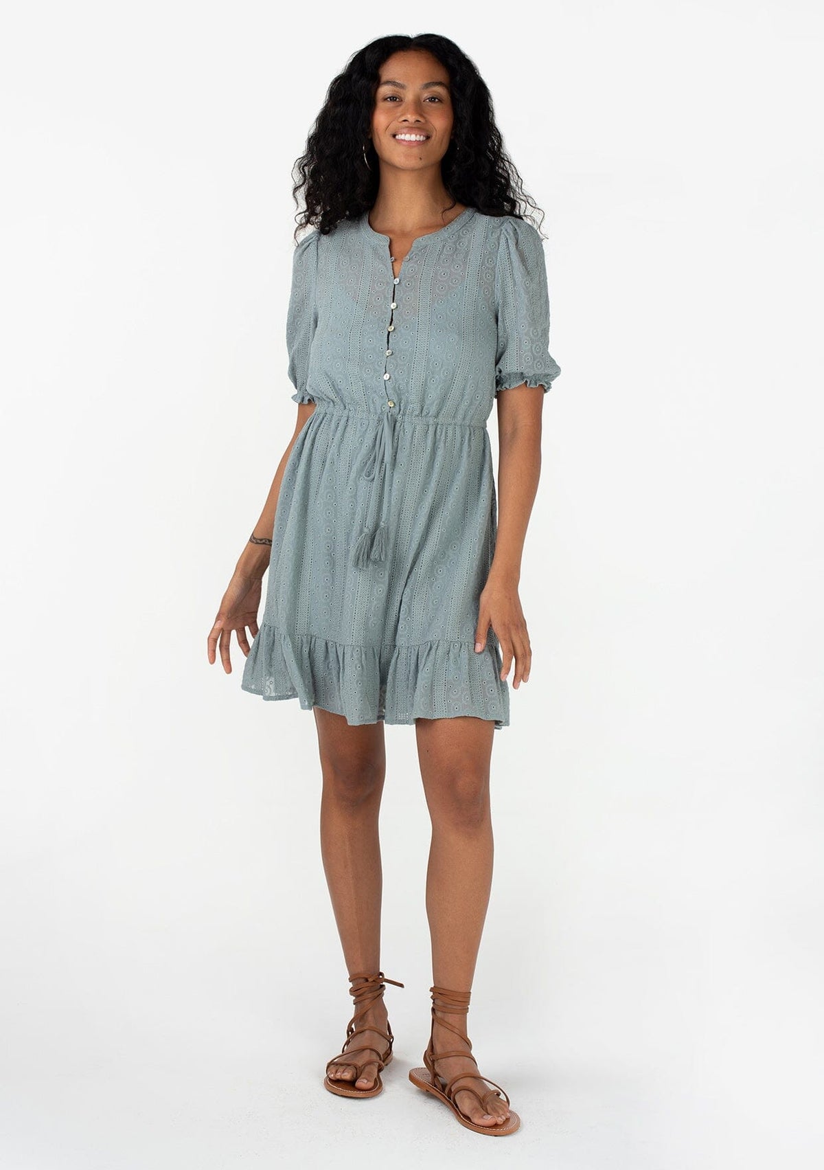annika mini dress Women's Pretty Spring Mini Dress in Dusty Teal Eyelet