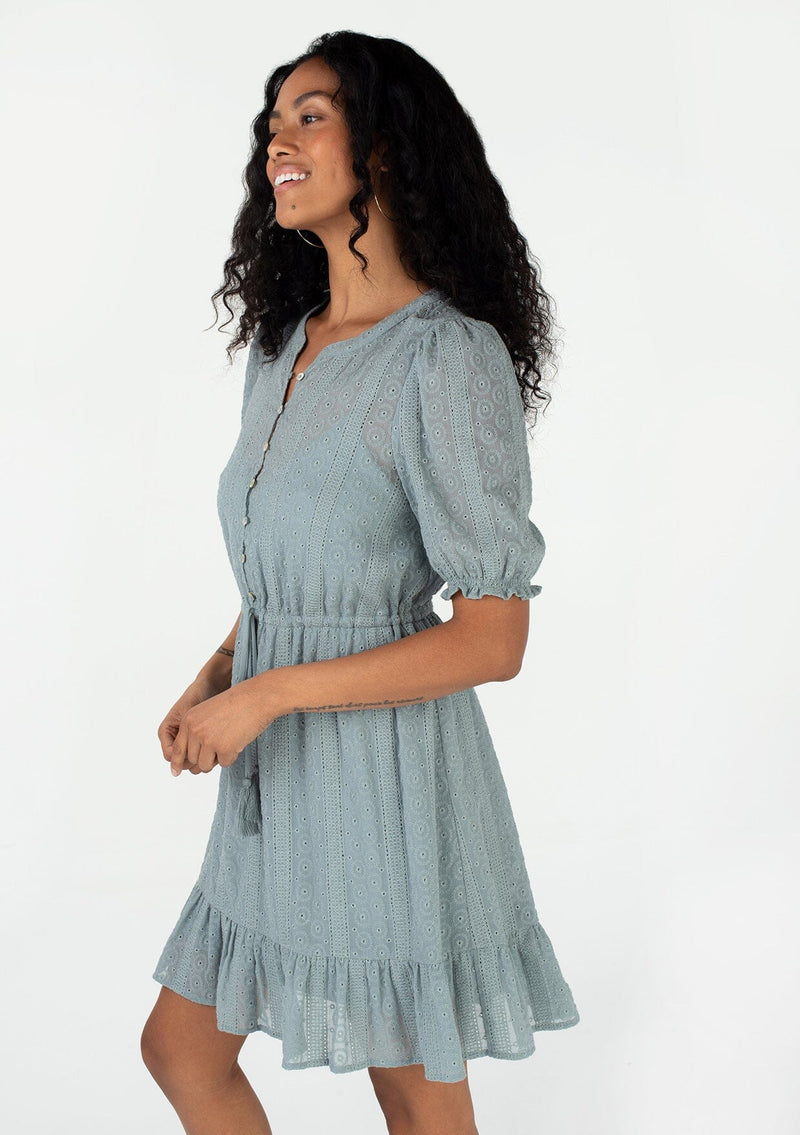 Women's Pretty Spring Mini Dress in Dusty Teal Eyelet | LOVESTITCH Women's Pretty Spring Mini Dress in Dusty Teal Eyelet | LOVESTITCH