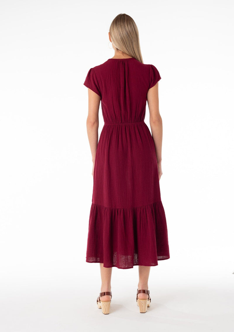 MUXXN Women's Bowknot Ruched Sheath Dress, 3/4 Sleeve, Merlot Color, Size M