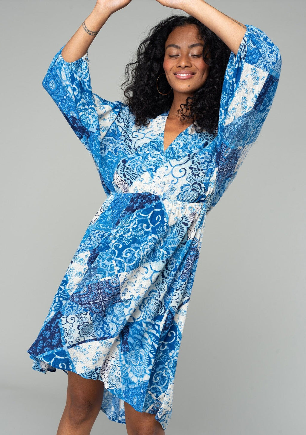 Women's Blue Floral Patchwork Resort Mini Dress | LOVESTITCH
