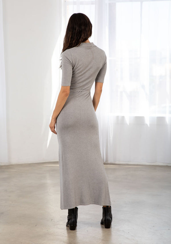 [Color: Grey] Lovestitch grey fitted knit maxi dress with Henley v neckline, side slit and a belt