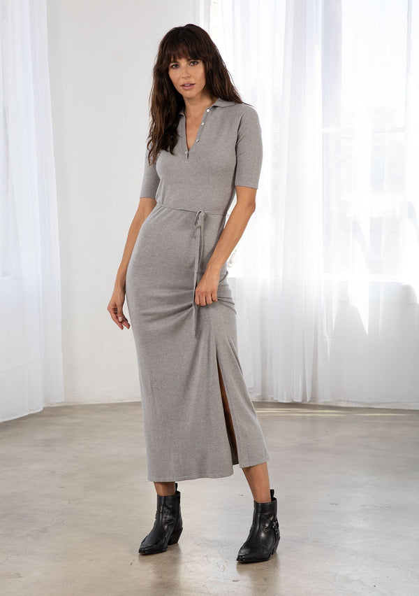 [Color: Grey] Lovestitch grey fitted knit maxi dress with Henley v neckline, side slit and a belt