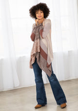 [Color: Brown/Oatmeal] A model wearing a brown and oatmeal mélange stripe cardigan. With long sleeves, a waterfall hemline, an open front, and a lightweight relaxed fit. 