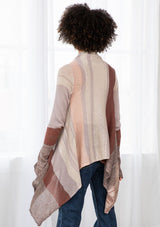 [Color: Brown/Oatmeal] A model wearing a brown and oatmeal mélange stripe cardigan. With long sleeves, a waterfall hemline, an open front, and a lightweight relaxed fit. 