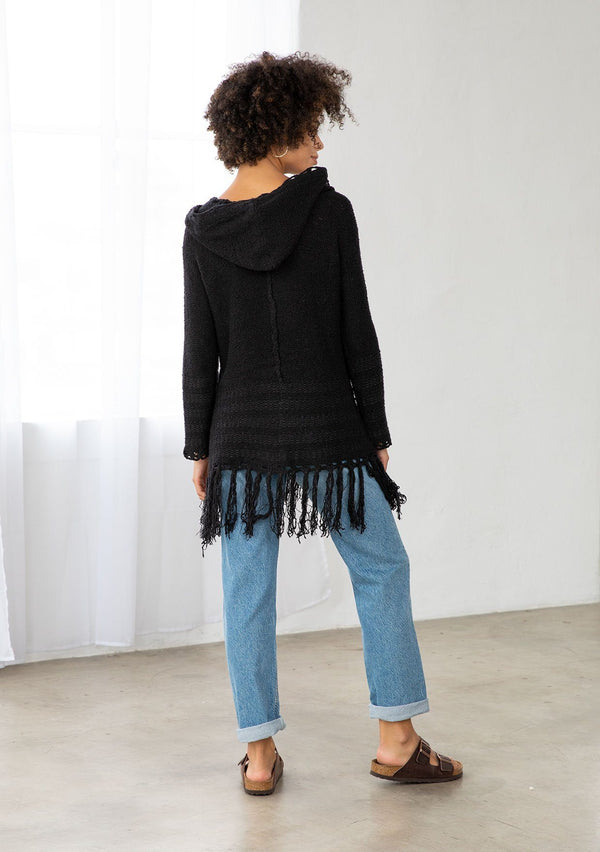 [Color: Black] Vintage bohemian knit fringed sweater with a tie string hood.