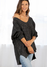 [Color: Charcoal/Silver] Lovestitch oversized, deep V-neck, black chunky knit sweater with subtle metallic accents, reverse seam detail and a high-low hem.