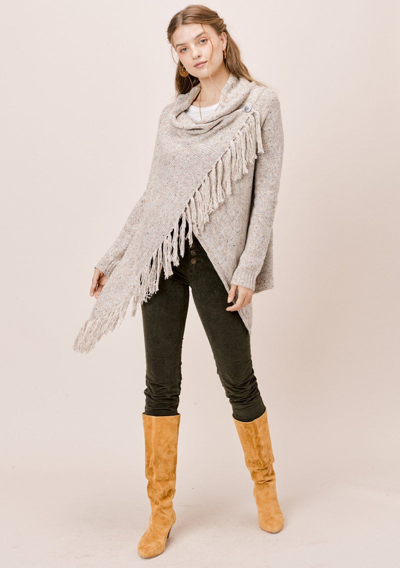 [Color: Light Grey] Lovestitch light grey, wool blend, speckled yarn fringe sweater cardigan
