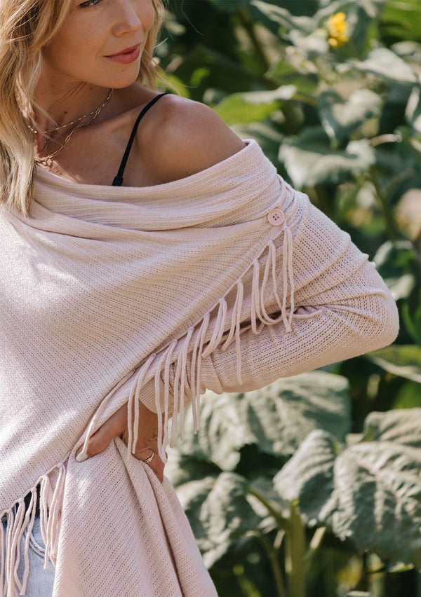 [Color: Heather Blush] Lovestitch pink, buttery soft, wrap sweater with fringe.