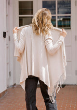[Color: Heather Stone] Lovestitch stone, buttery soft, wrap sweater with fringe.