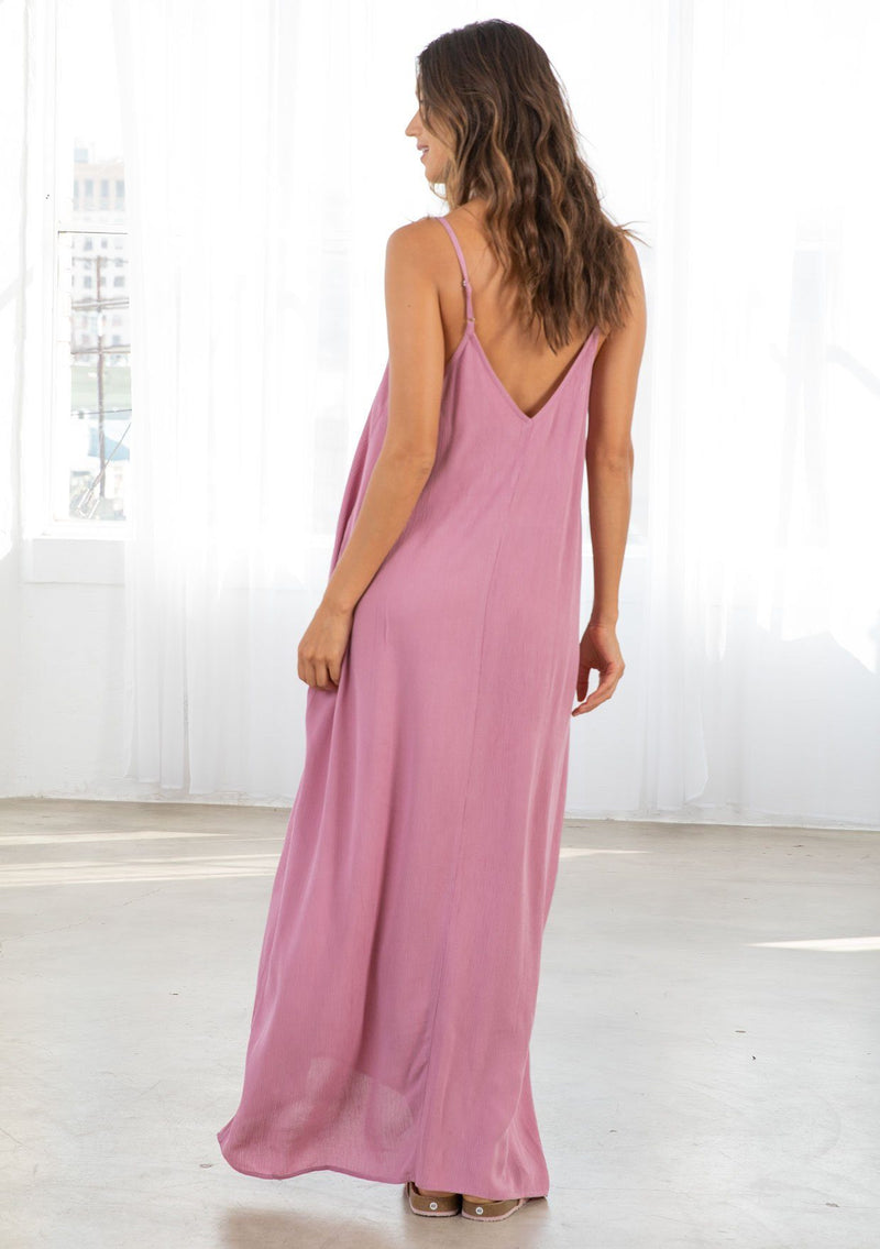 [Color: Smokey Orchid] A light purple harem maxi dress. This billowy maxi tank top dress features a deep v neckline, adjustable spaghetti straps, and a cocoon fit. 