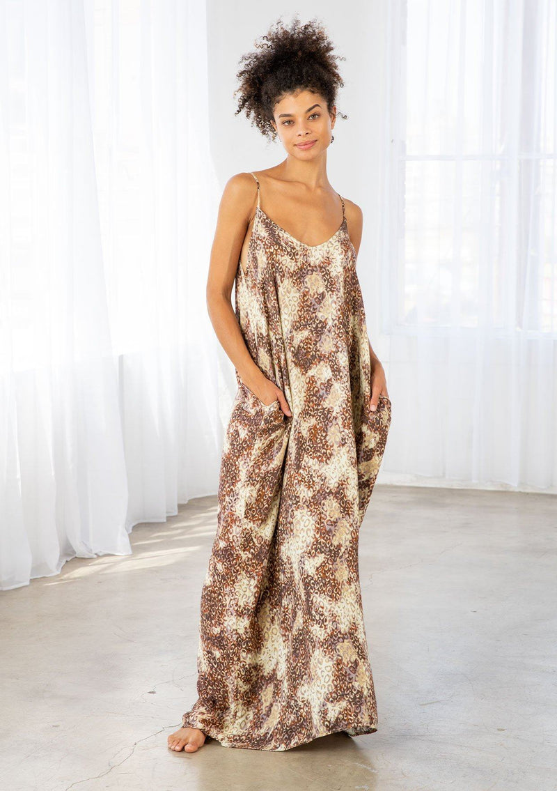 [Color: Mocha/Sand] Lovestitch watercolor animal printed cocoon maxi dress with pockets