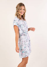 [Color: Lavender Aqua] Adorable floral print mini dress. Features an elastic waist for definition.