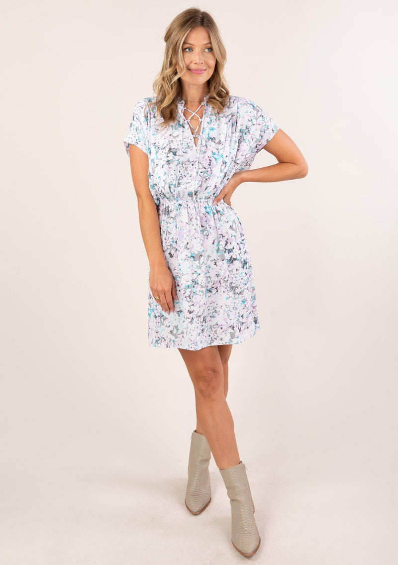 [Color: Lavender Aqua] Adorable floral print mini dress. Features an elastic waist for definition.