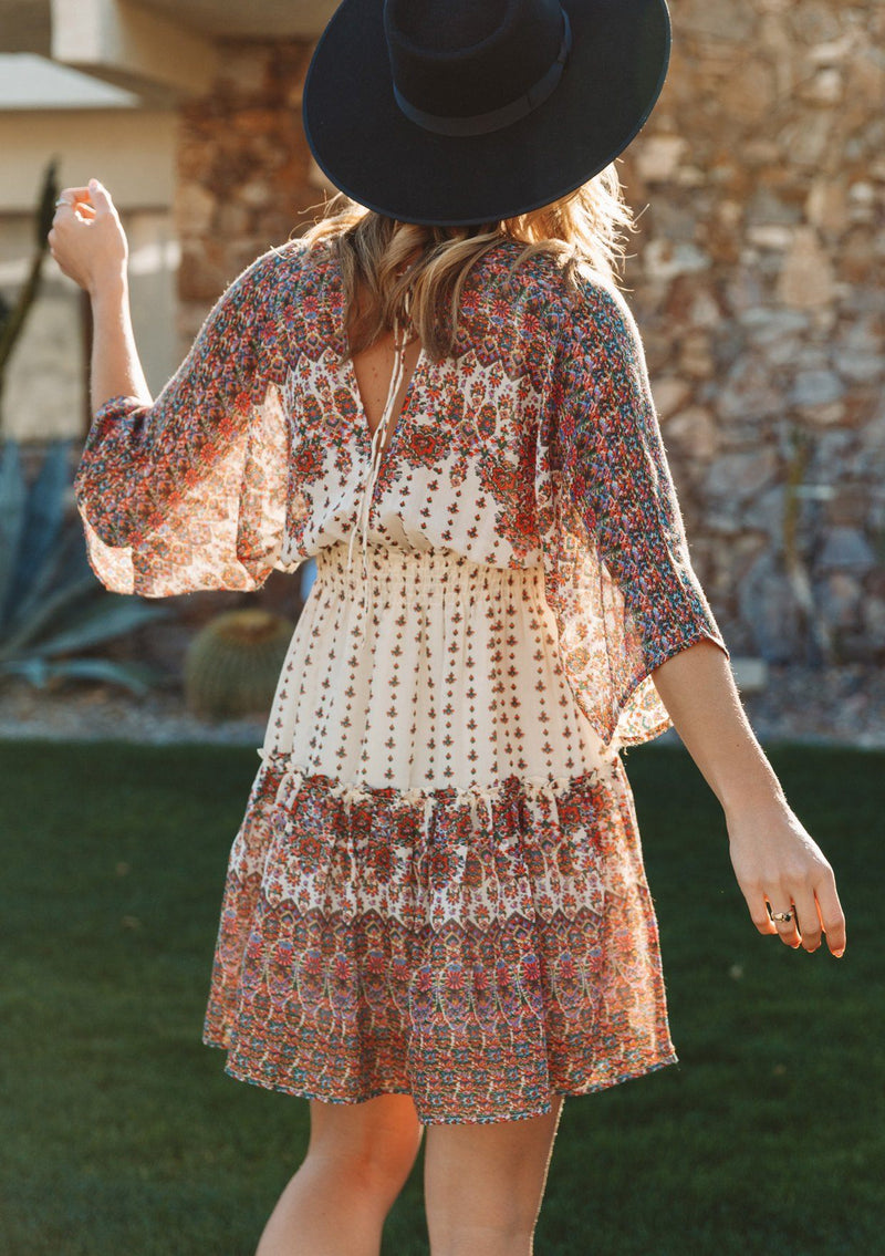 boho mini dresses Sweet Bohemian Floral Mini Dress Ivory/Multi / M