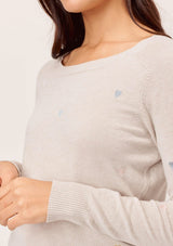 [Color: Heather Stone] Lovestitch heather stone Super soft, long sleeve, crew neck pullover with all-over embroidered hearts