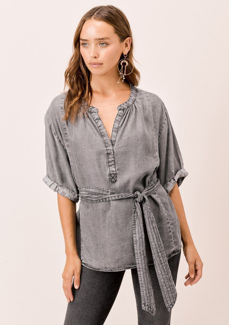 [Color: Acid Indigo] Lovestitch acid wash, tencel henley top with rolled short sleeves and self tie belt