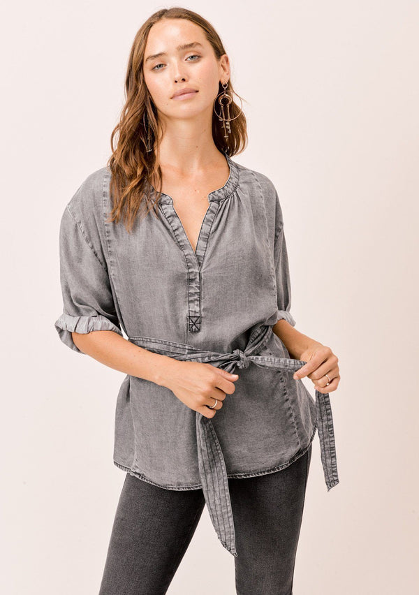[Color: Acid Indigo] Lovestitch acid wash, tencel henley top with rolled short sleeves and self tie belt