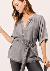 [Color: Acid Indigo] Lovestitch acid wash, tencel henley top with rolled short sleeves and self tie belt