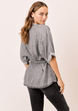 [Color: Acid Black] Lovestitch acid wash black, tencel henley top with rolled short sleeves and self tie belt