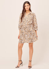 [Color: Bone/Butterscotch] Lovestitch Printed, button down shirt dress with three quarter length sleeves and tassel tie belt. 
