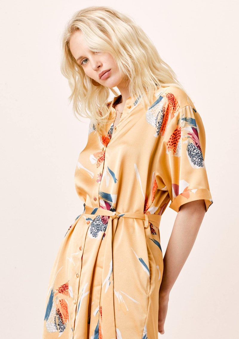 [Color: Honey Gold] Lovestitch Yellow tiger Floral Printed, Belted Shirt Dress 