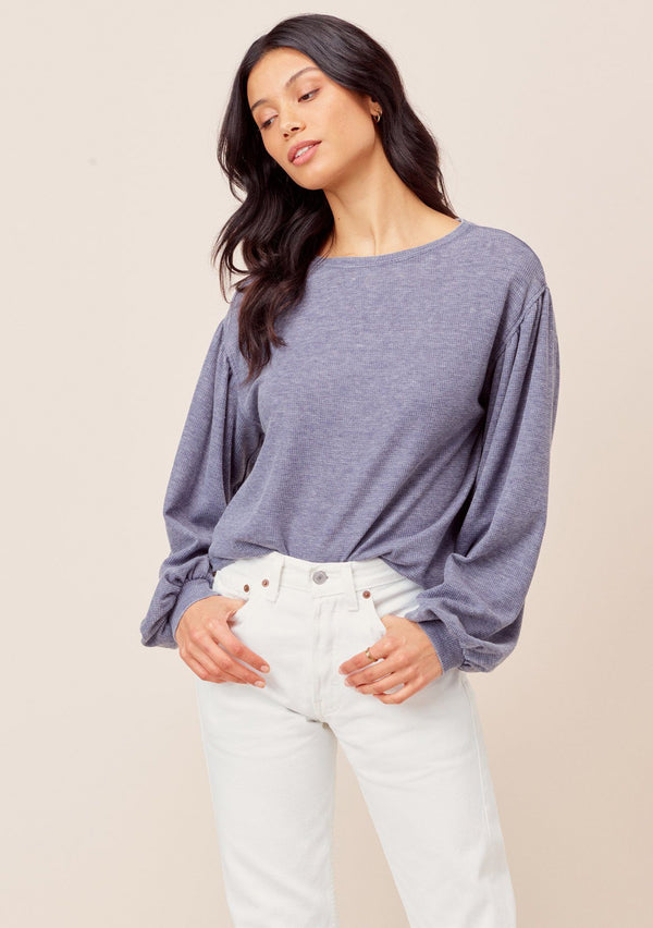 [Color: Indigo] Lovestitch indigo Lightweight, crewneck, burn-out wash thermal top with long balloon sleeve.