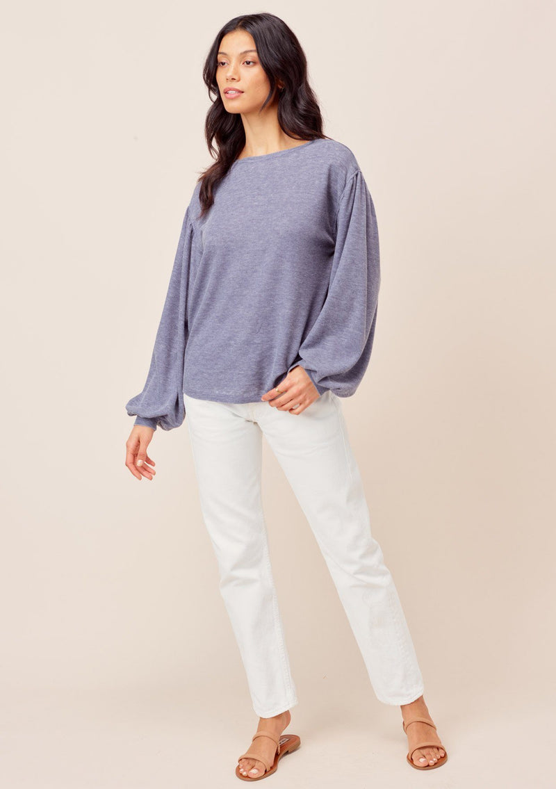 [Color: Indigo] Lovestitch indigo Lightweight, crewneck, burn-out wash thermal top with long balloon sleeve. 
