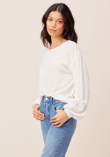 [Color: White] Lovestitch white Lightweight, crewneck, burn-out wash thermal top with long balloon sleeve.