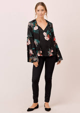 [Color: Black] Lovestitch black Floral printed, bell sleeve, bohemian top with tie neck and ruffle details. 
