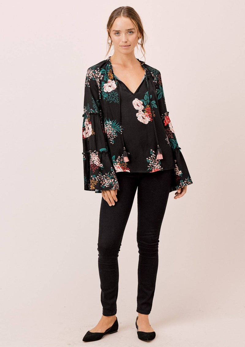 [Color: Black] Lovestitch black Floral printed, bell sleeve, bohemian top with tie neck and ruffle details. 